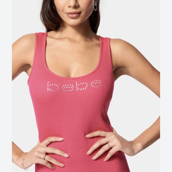 Bebe Rhinestone Logo Hot Pink Fitted Stretchy Dress Large - Picture 5 of 10